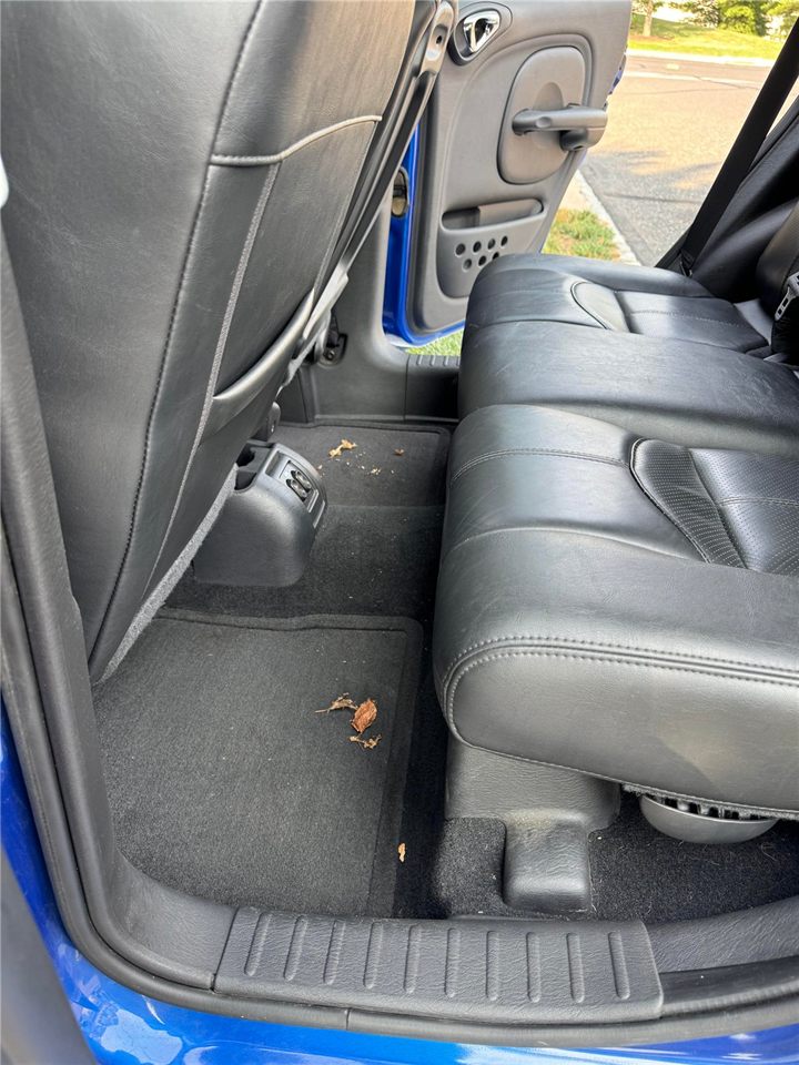 Backseat floor before detailing — leaves and debris on the carpet and mats