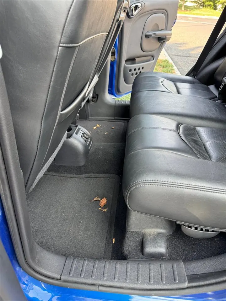Backseat floor before detailing — leaves and debris on the carpet and mats