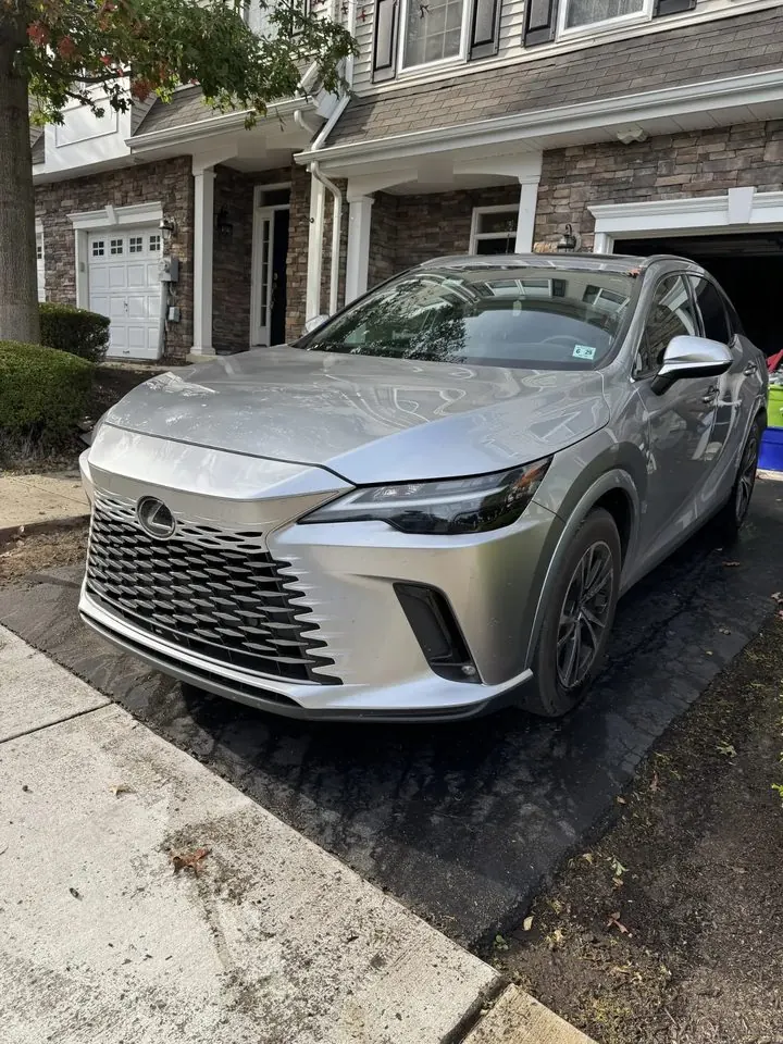 Lexus front end before detailing — dull paint with debris on the bumper and grille