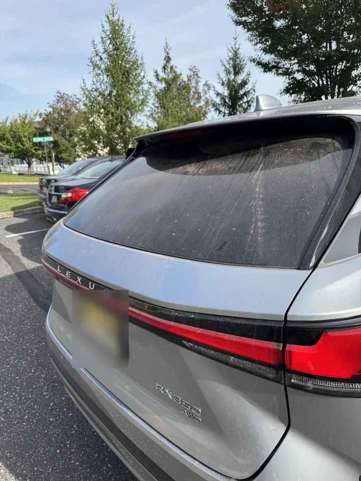 Lexus rear window before detailing — streaked with dust and water spots